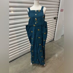 Women’s Teal Overalls with Sunflowers - Medium